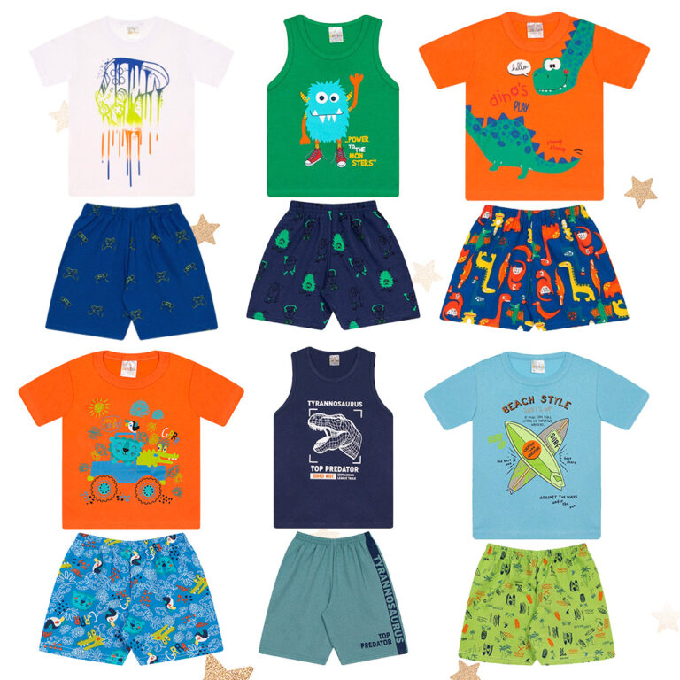 Kit 3 Conjuntos Infantil Menino 6 Peças Camisetas e Shorts